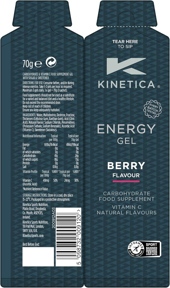Sports Caffeine Free Quick Release Energy Gels - Berry Flavour | 24G Carbohydrates/Serve | 24 X 70G Pack | Vegan & Gluten-Free | Fast Acting Energy Source | Boost Energy & Easy to Digest