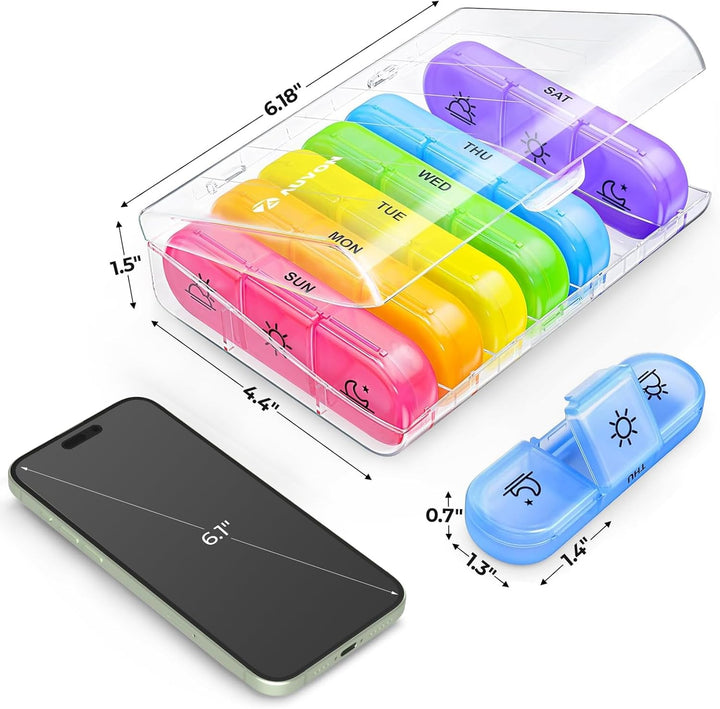 Weekly Pill Box Organiser, Portable Pill Boxes 7 Day 3 Times a Day, 7 Day Tablet Organiser with Large Separate Compartments to Hold Medication, Vitamins, Fish Oil and Supplement