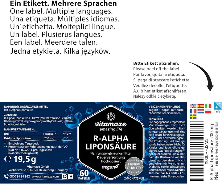 Alpha Lipoic Acid High Strength - 60 Vegan Capsules, 2 Months Supply - ALA Natural Antioxidant 200Mg- Food Supplement without Unnecessary Additives