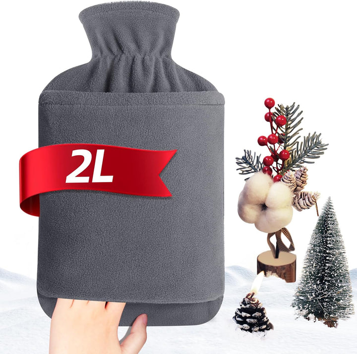 Hot Water Bottle with Fleece Cover - 2L Large Leakproof Hot Water Bag - Soft Hot Water Bottle with Hand Pocket and Natural Rubber -For Hands, Feet, Shoulders, Neck, Abdomen, Legs (Red)