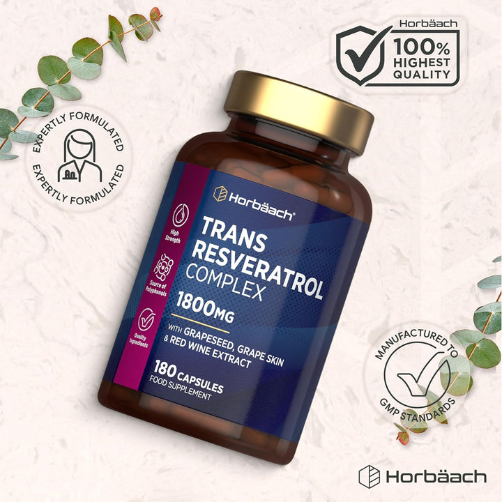 Resveratrol Supplement 1800Mg | 180 Capsules | Trans Resveratrol Complex with Grapeseed, Grape Skin, Red Wine Extract and Blueberry | Source of Polyphenols | by