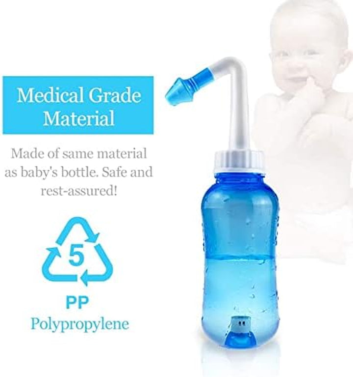 Neti Pot, Sinus Rinse Bottle 300Ml, Nose Cleaner, Nasal Irrigation System with 30 Nasal Wash Salt Packets and Sticker Thermometer for Adult & Kid BPA Free(300Ml,Blue)