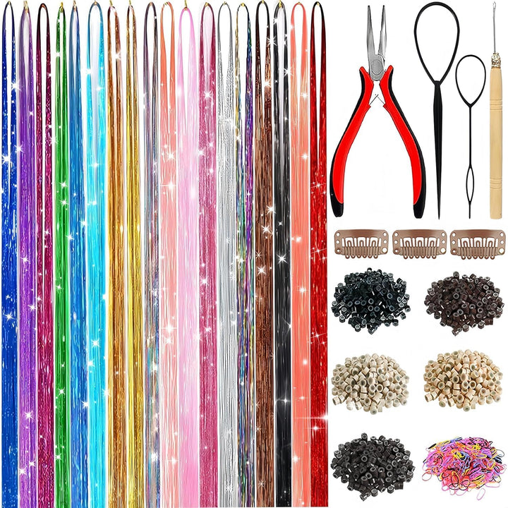 Hair Tinsel,18 Colors Hair Tinsel Kit for Girls 7600 Strands Fairy Tinsel Hair Extensions Holographic Hair Tinsel Heat Resistant Colored Hair Glitter Christmas Party Festival