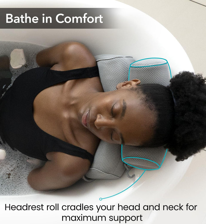 Bath Pillow – Bath Cushion for Head and Neck Support – Quick Dry Waterproof Mesh – Luxury Bath Accessories with Suction Cups – Bath Pillows for Head and Neck – Grey