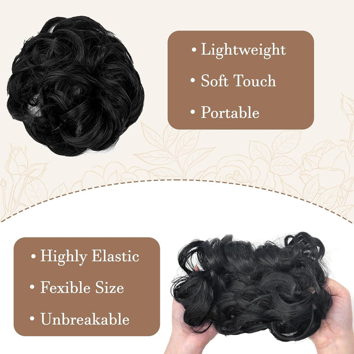 Messy Bun Hair Piece, Wavy Curly Messy Bun Scrunchie, Thick Tousled Hair Pieces for Women Girl(Black）