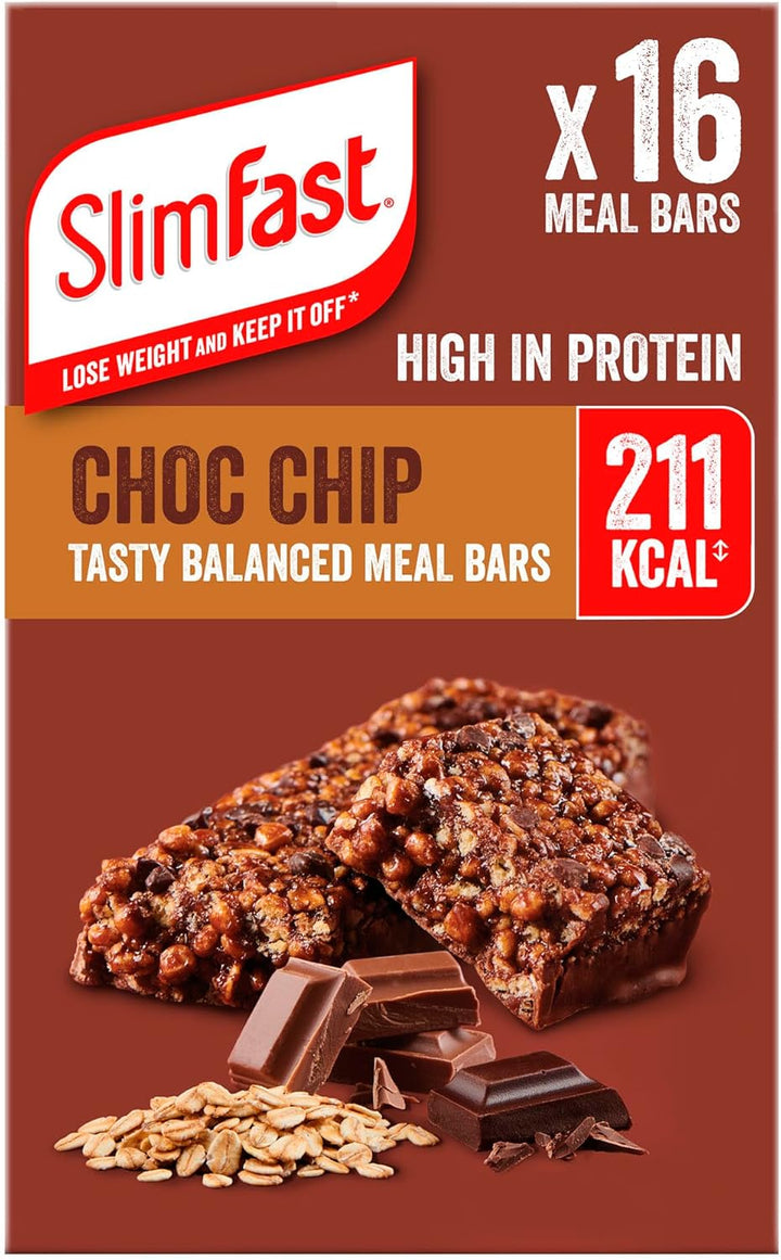 Tasty Balanced Meal Bar, Low Calorie Replacement Bars for Weight Loss and Diet, High Protein, Healthy Snacks for Adults with 23 Vitamins and Minerals, Choc Chip Flavour, Multipack, 16 X 60 G