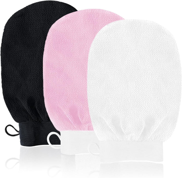 Exfoliating Gloves, 3 Pack Body Scrub Glove Bath SPA Exfoliating Mitts, Dual-Sided Deep Clean Exfoliation Scrubbing Mitt, Dead Skin Remover Glove Deep Body Scrubber（White+Pink+Black）