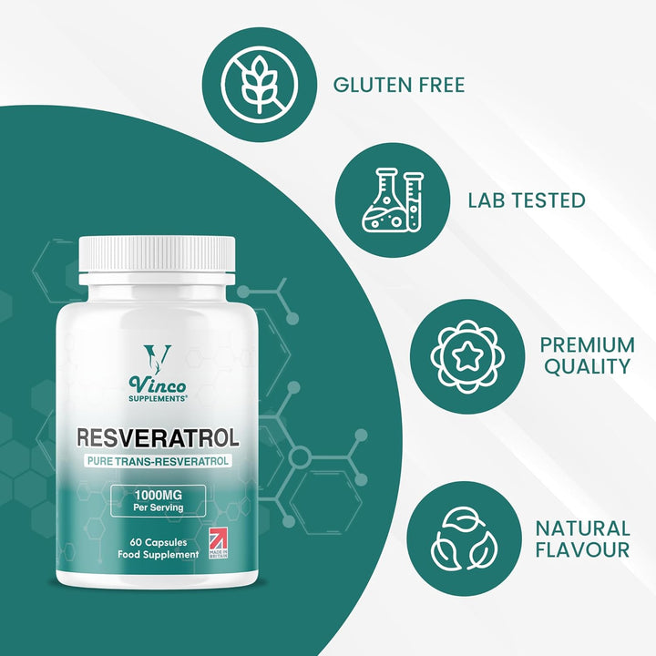 Vinco Resveratrol 1000Mg, 60 Capsules - 100% Pure Trans-Resveratrol Supplement for Cellular Health and Cardiovascular Wellness - Non-Gmo & Gluten Free - Made in the UK