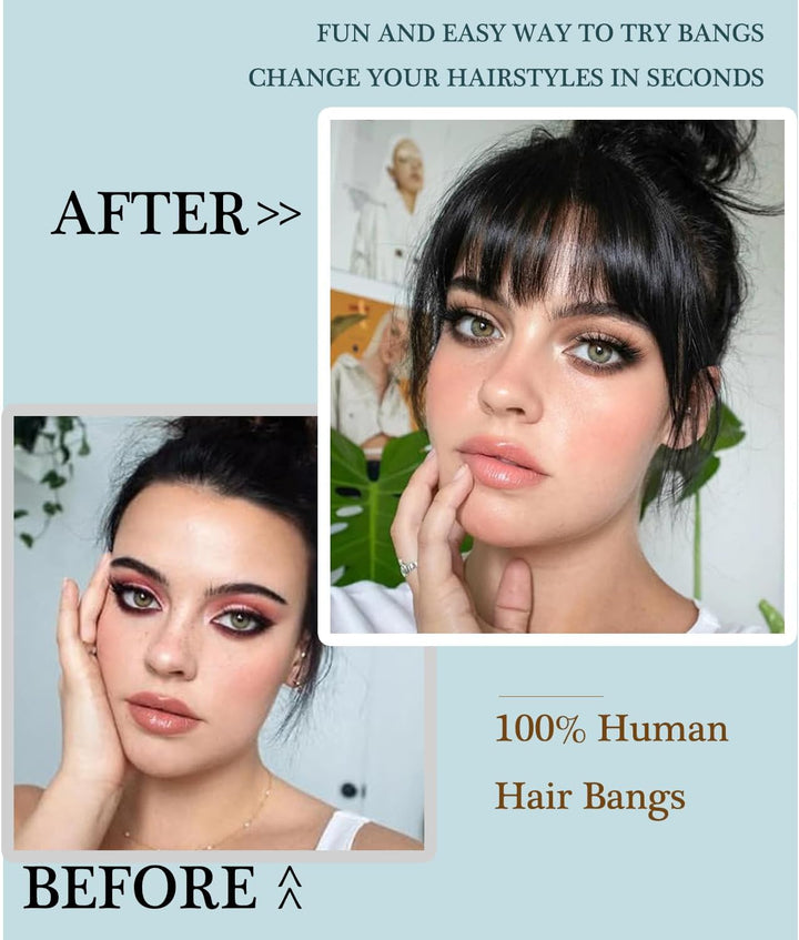 Clip in Fringe - Bangs Hair Clip in Bangs 100% Real Human Hair Extensions Clip on Air Bangs for Women Fringe with Temples Hairpieces Curved Bangs (Dark Brown, French Bangs)