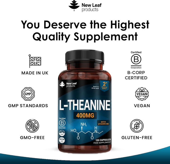 L Theanine Enriched with Vitamin B6 - High Strength L Theanine 400Mg Natural Nootropics from Green Tea - 120 Vegan L-Theanine Capsules - Made in the UK Theanine Supplements by New Leaf