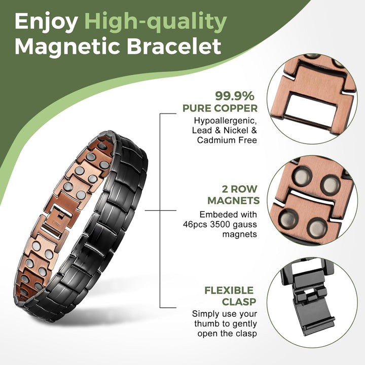 Mens Copper Magnetic Bracelets, 99.9% Pure Copper Bracelet with Double Row Magnets, Adjustable Wristband Brazaletes for Men