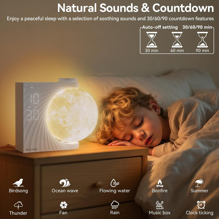 Moon Lamp Sunrise Alarm Clock, 2 Alarm Clocks, Wake up Light 8 Atmosphere Colours, Natural Sound Bedside Lamp, 3 Levels of Brightness Night Light Gifts for Women Girls Boys, Home Decoration.