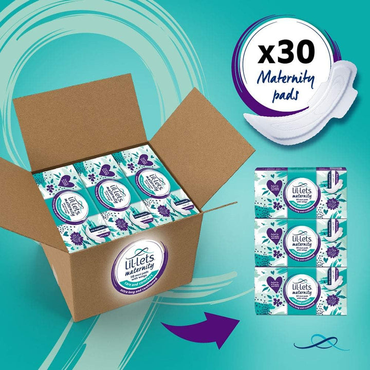 Maternity Pads, Extra Long Maxi Thick Towels, with Wings, Postpartum/After Birth Essential, 3 Packs of 10 (30 Towels), Packing May Vary