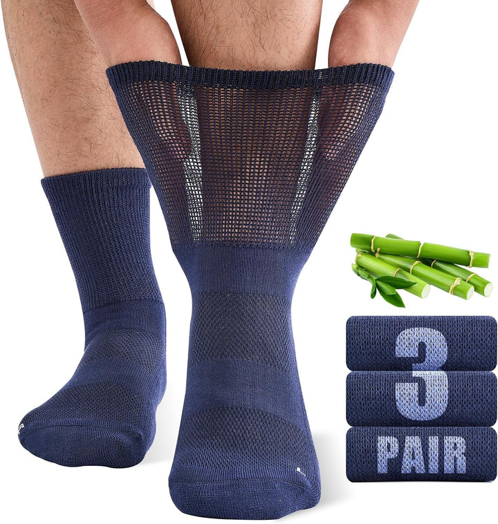 Bamboo Diabetic Socks for Men, Soft Top Cushioned Seamless Socks for Swollen Feet and Ankles, Loose Top Hospital Socks 3 Pairs