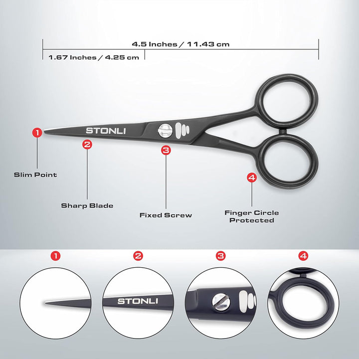 4.5 Inches Beard and Moustache Scissors - Nose Hair Trimming Stainless Steel Scissors, Safety Use for Eyebrows & Ear Hair (Black)