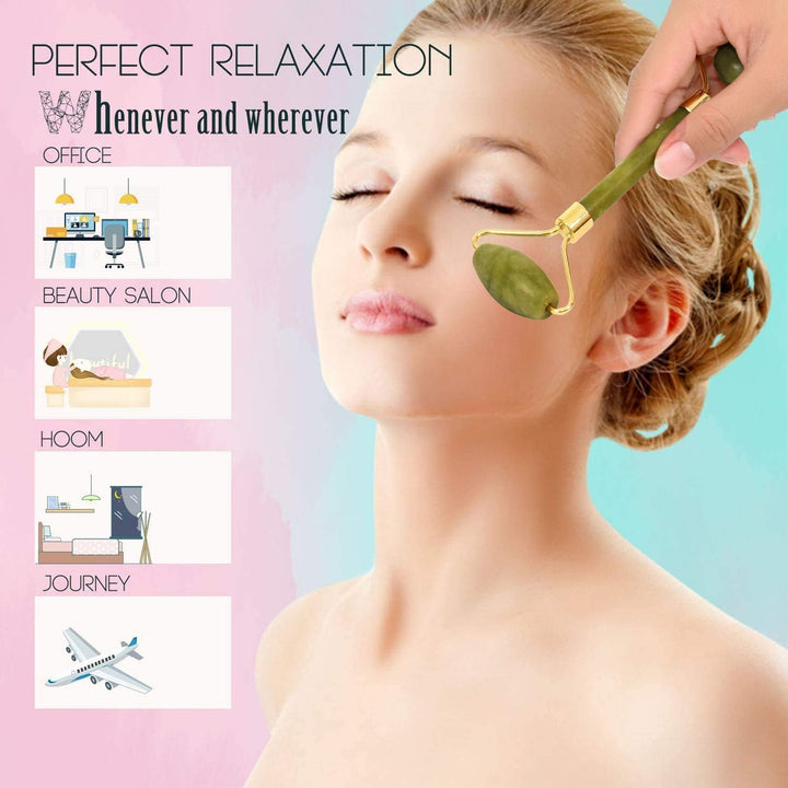 【3 Pcs】Jade Roller & Gua Sha Massage Kits,  Natural Anti-Aging Face Roller for Eye Puffiness Treatment, Skin Tightening, Rejuvenate Face & Neck, Natural Green Massager