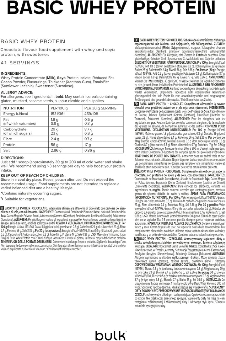 Basic Whey Protein Powder | Chocolate | 1.25 Kg | 41 Servings | up to 18G Protein per Serving | Low Sugar | Fast Absorbing Formula | Gym Supplement Supports Muscle Growth & Recovery