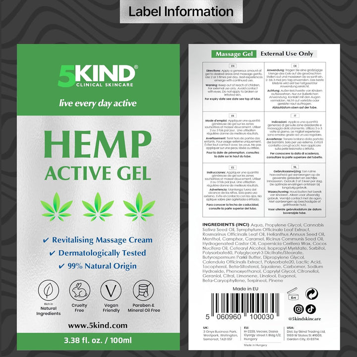 Hemp Active Gel 100Ml - High Strength Formula - Natural Hemp Massage Gel for Back, Muscles, Feet, Knees, Neck & Shoulders - Muscle Rub Rich in Natural Extracts