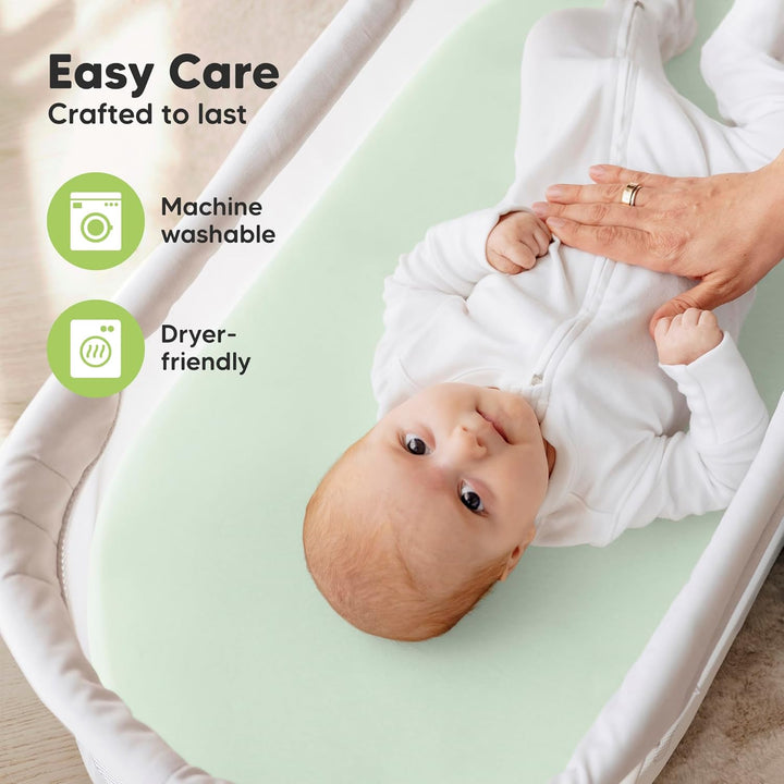 2-Pack Organic Bassinet Sheets for Girls, Boys - 100% Cotton Bassinet Mattress Sheets Compatible with Halo Bassinest Swivel Sleeper, Graco, Baby Delight, Chicco, Unisex Fitted Bassinet Sheets (Sage)