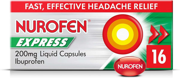 Express Ibuprofen Liquid Capsules 200Mg, 16 Count - Fast-Acting Relief for Period Pain, Headaches, Migraines, Cold & Flu Symptoms
