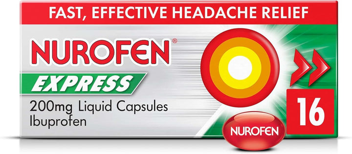 Express Ibuprofen Liquid Capsules 200Mg, 16 Count - Fast-Acting Relief for Period Pain, Headaches, Migraines, Cold & Flu Symptoms