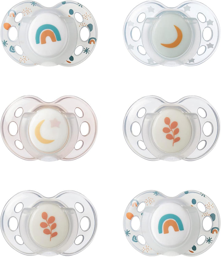 Nighttime Soothers, 18-36M, 6 Pack, Glow in the Dark, Varied Colours and Designs, Symmetrical Orthodontic Dummy, Bpa-Free Silicone Teat