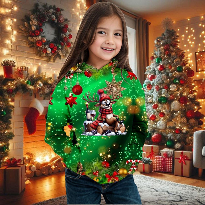 2025 Christmas Print Girls Hooded Sweatshirt Long Sleeve Pullover Top for Winter Holiday Festive Outfit Cozy Fleece Lined Soft Casual Wear