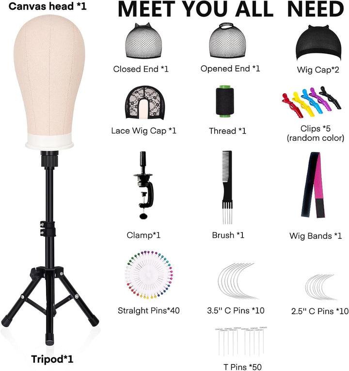 63In Wig Stand Tripod with 22In Head, Canvas Wig Head Stand with Mannequin Head for Wigs Manikin Head Block Set for Wigs Making Display,Beige