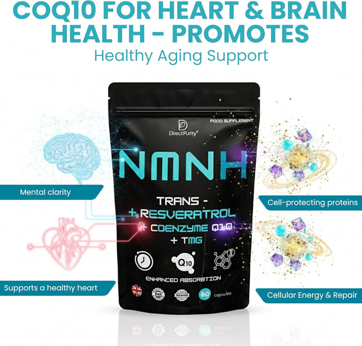 NMNH Supplement 600 Mg, with Trans Resveratrol, Coq10 and TMG, NMNH and Resveratrol Supplements Support Cellular Health and Healthy Aging. Boost Vitality and Combat Aging.