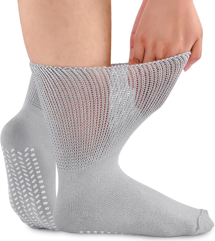 Diabetic Grip Socks for Men Women, Extra Wide Soft Top for Swollen Feet Ankles, Non-Slip Breathable Hospital Slipper Sock