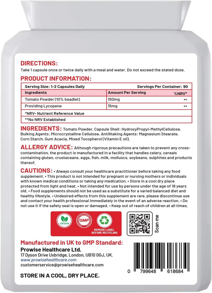 Lycopene 10% Beadlet 15Mg | 90 High Strength Lycopene Capsules | Natural Antioxidant | Vegetarian & Vegan Formula | UK Manufactured under GMP Standards by Prowise Healthcare