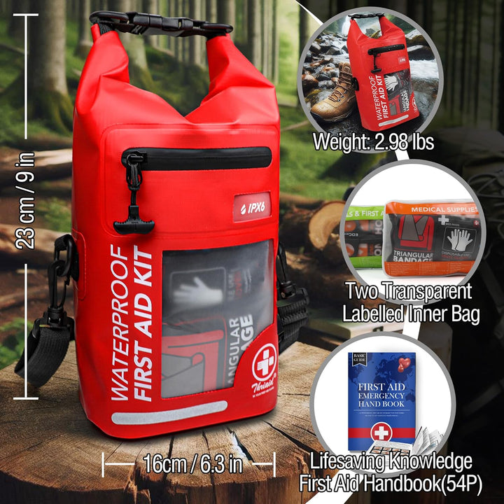 208 PCS Waterproof First Aid Kit, Roll Top Reflective Boat Dry Bag Bug Out Bag, Emergency Medical Kit Ideal for Boating, Camping, Fishing, Kayaking, Floating, Red