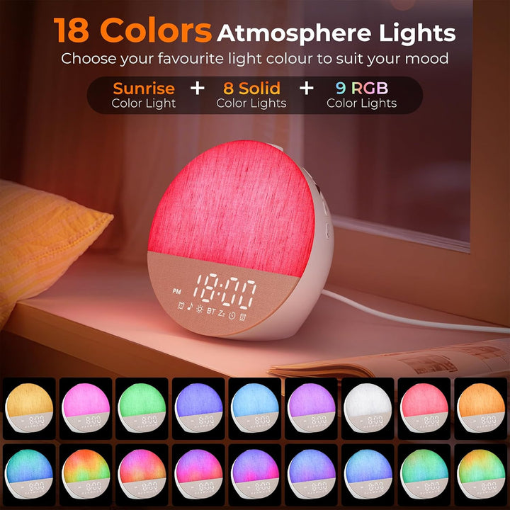Sunrise Alarm Clocks, Wake up Light with Sunrise Simulation, Dual Alarms, Snooze, White Noise Machine Sleep Aid with 30 Natural Sounds, Bluetooth 5.3, 18 Color Modes, Gift for Heavy Sleeper/Kid