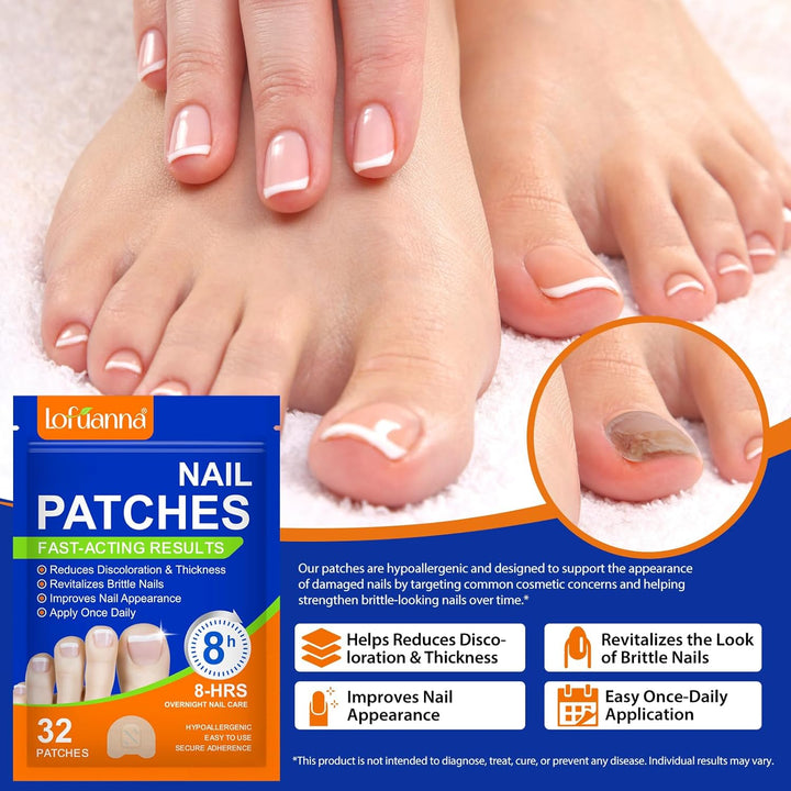 Fungal Nail Patches, 32Pcs Toe Nail Fungal Treatment Pads, 8-Hour Nighttime Toenail Fungus Treatment Restores Healthy Appearance, Reduces Discoloration & Thickness, Overnight Repair for Damaged Nails