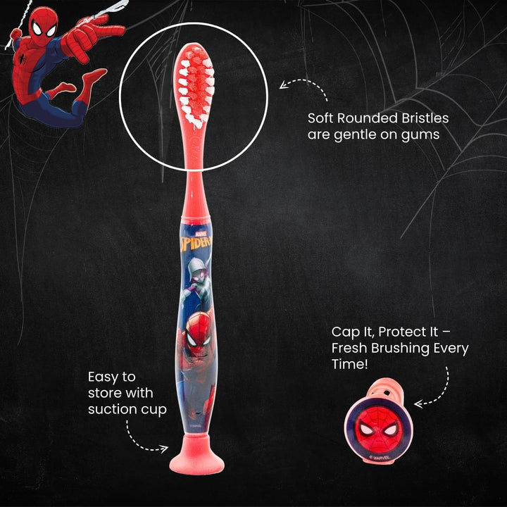 Marvel Spiderman Kids Toothbrush Travel Set – Includes Mint-Flavoured Toothpaste & Soft-Bristle Toothbrush with Suction Cup & Protective Cap | Travel-Friendly Oral Care Kit for Children Ages 3+