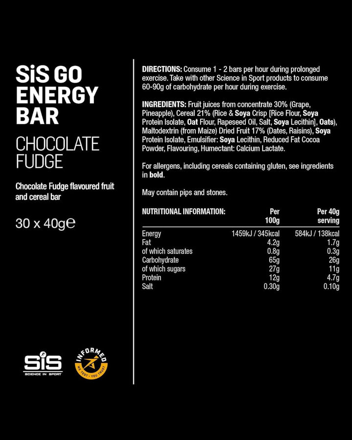 SIS Go Energy Bar, High Carb, Fruit Infused Energy Bar, Chocolate Fudge Flavour (30 Packs)