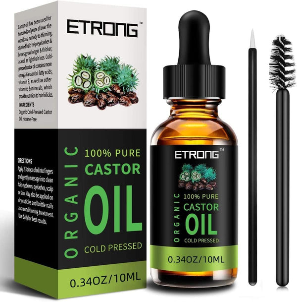 Organic Castor Oil,Pure Cold Pressed Castor Oil for Eyebrows,Eyelashes,Hair Growth,Nails,And Skin with 1 Set of Eyebrow&Eyeliner Brushes (10 Ml)