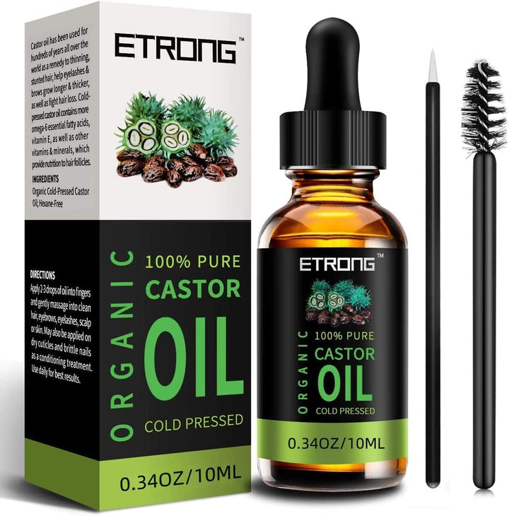 Organic Castor Oil,Pure Cold Pressed Castor Oil for Eyebrows,Eyelashes,Hair Growth,Nails,And Skin with 1 Set of Eyebrow&Eyeliner Brushes (10 Ml)