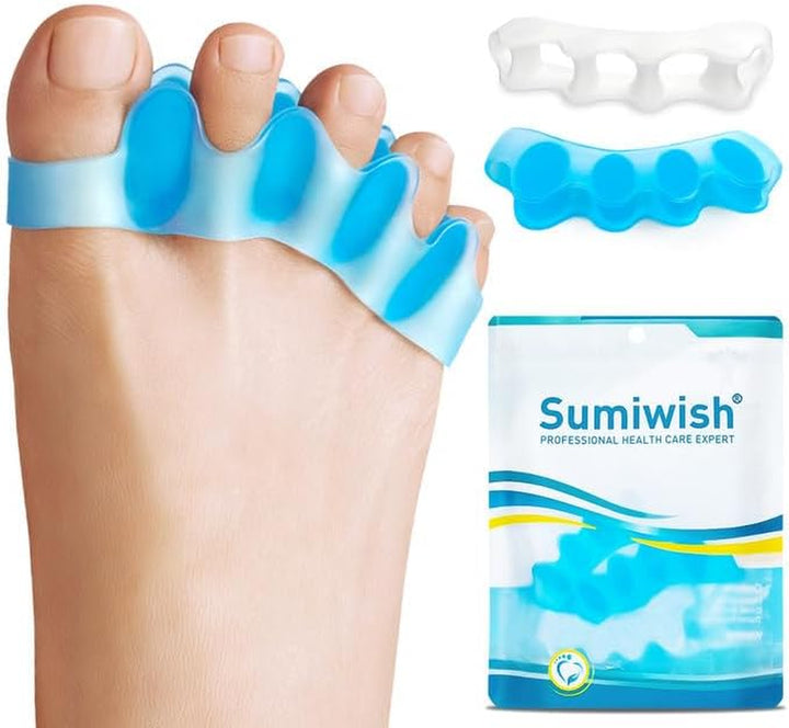 Toe Separators & Toe Spacers - 4 Pairs (Blue and Clear) - Soft Toe Straighteners for Bent Toes - Silicone Toe Separators for Overlapping Toes, Plantar Fasciitis, Hammer Toes & Claw Toes