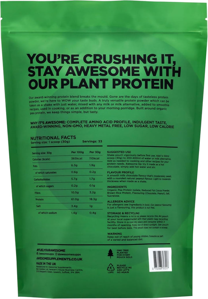 Awesome Supplements – Vegan Protein Powder – Organic 1KG – High Protein Plant-Based Powder – 21,6 G Protein per Serving – Low Calorie, Low Sugar – Pea Protein, Organic Protein (1 KG, Choc & Nut)