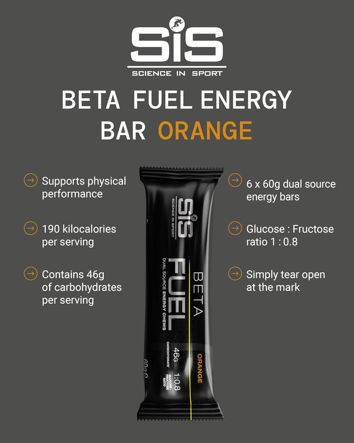 Beta Fuel Dual Source Energy Chews, Energy Bars, Orange Flavour, 46G of Carbs, 60G Bar (6 Pack)