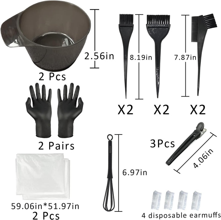 Hair Dye Coloring Set, Hair Tinting Comb and Mixing Brush Bowl,Ear Cover Mixing Spoon Hair Clips Gloves and Disposable Shawl，Diy Salon.