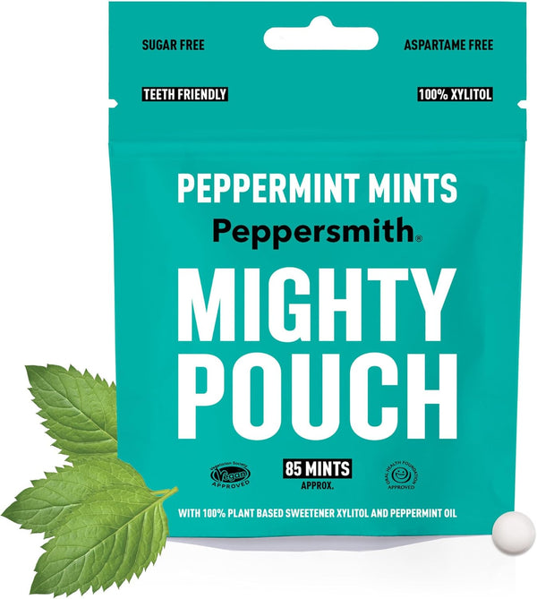 - British Peppermint Mints - 100% Plant Based Xylitol - Freshens Breath - Natural Flavours - Sugar Free Mints - Benefits Oral Health - Mighty Pouch - 50G