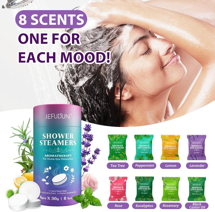 Shower Steamers Aromatherapy for Women and Men 8 Pack, 8 Scents Shower Bombs with Natural Essential Oils for Home Spa Self Care, Stress Relief and Relaxation, Nasal Relief, Birthday Gifts