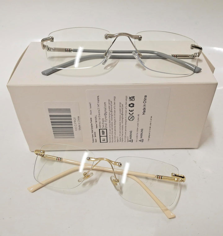 Eyewear Glasses Frameless Fashion, Gold Silver Non-Prescription Clear Lense Fake Glasses for Women and Men 2 Pack