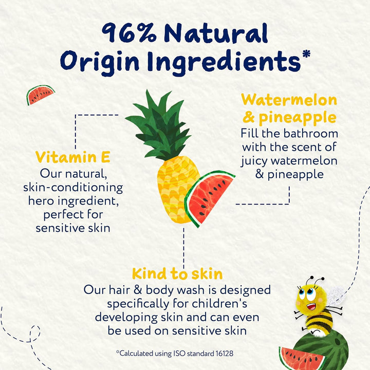 Kids Hair & Body Wash, Watermelon & Pineapple | Tear-Free, Gently Cleanses | Suitable for Dry, Sensitive Skin, 250Ml
