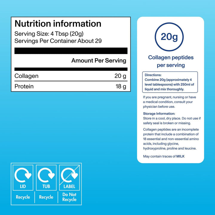 Collagen Peptides Powder Supplement (Type I, III), Unflavoured Hydrolyzed Collagen-Hair, Skin, Nail Support Supplement, Paleo, Gluten Free, Non-Gmo, 20G per Serving 587G Canister, 1Pack