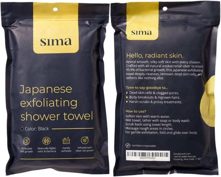 Exfoliating Washcloth Face & Body Scrub Towel - Japanese Exfoliating with Hexagon Fibers, Body Scrubber with 2 Sides for Scrubbing & Washing, Extra Long Towel (Black)