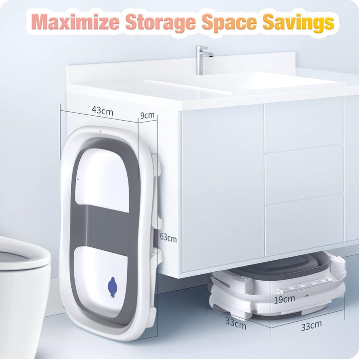 Baby Bath Tub Foldable,Portable Bath Newborn to Toddler with Non-Slip Mat,Drain Hole,No Thermometer,Grey