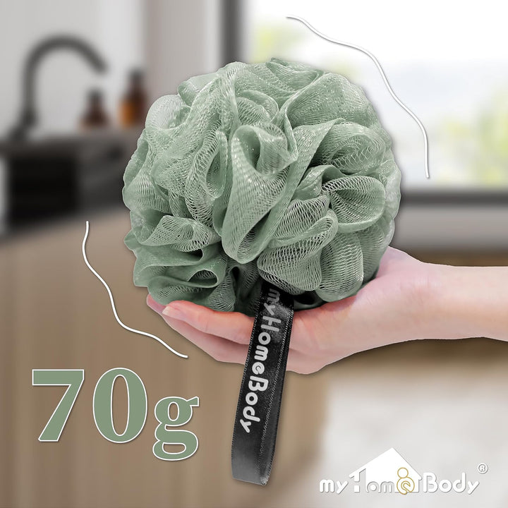 Large 70G Loofah Sponge, Bath Body Scrubber for Women, Men, Exfoliating Shower Pouf with Activated Charcoal - 2 Graphite Gray + 1 Sage Green, 3 Pack
